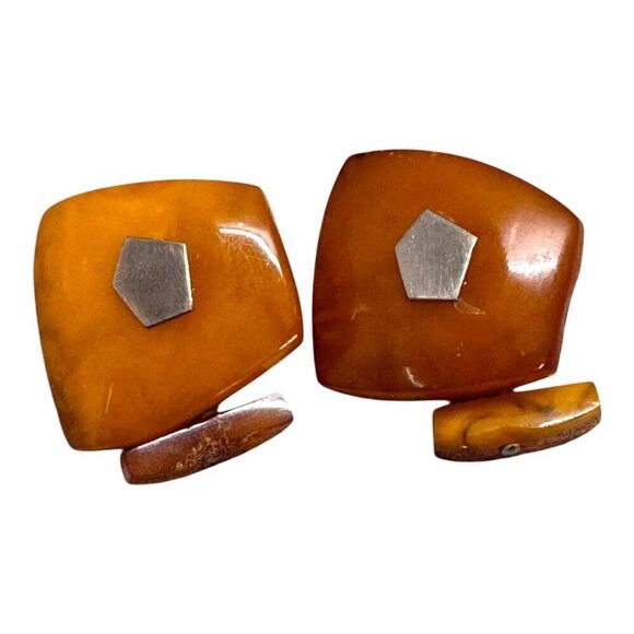 Old Amber Tie Clasp Clip Cufflinks Sterling Vtg Baltic Honey Stone Butterscotch - Picture 2 of 6